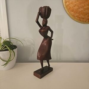 Vintage Hand Carved Woman with Basket Sculpture